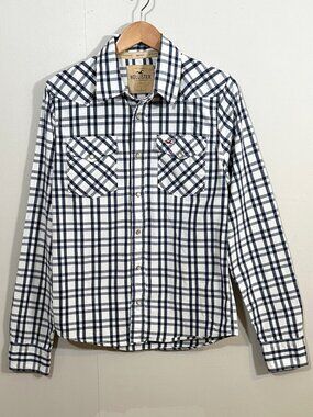 Vintage Y2K Hollister Men’s Plaid Snap Button Shirt Sz L Long Sleeve Surfer Cut